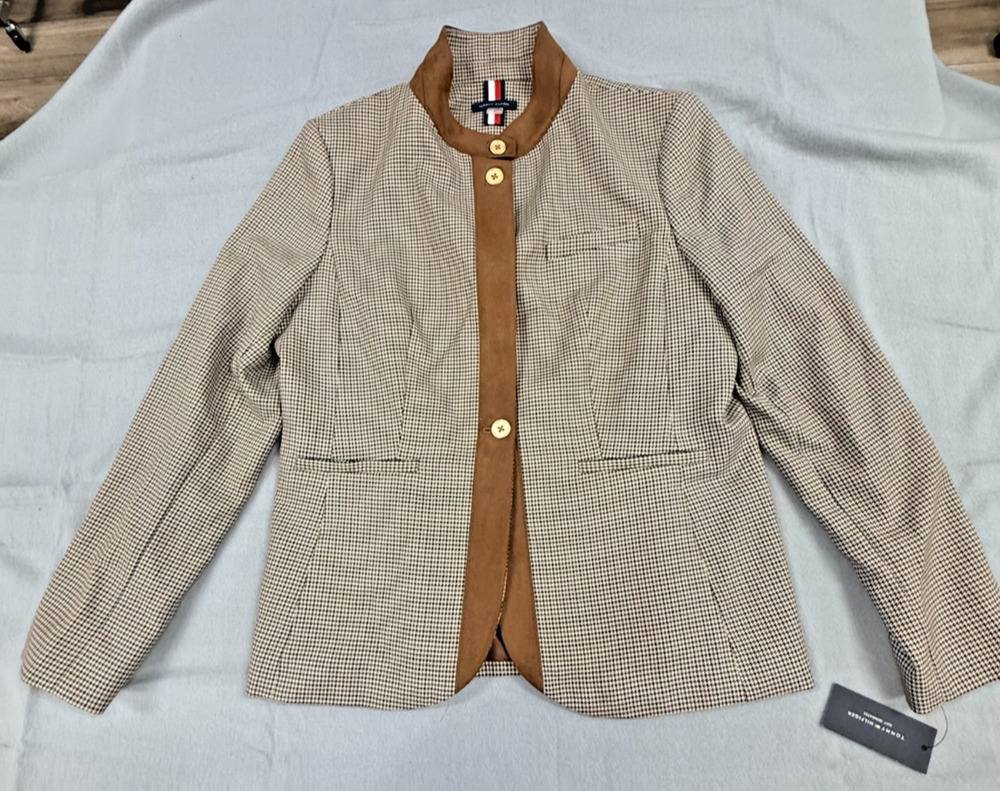 Tommy Hilfiger Riding Jacket Womens 14 Beige Brown Houndstooth Dark Academia NWT
